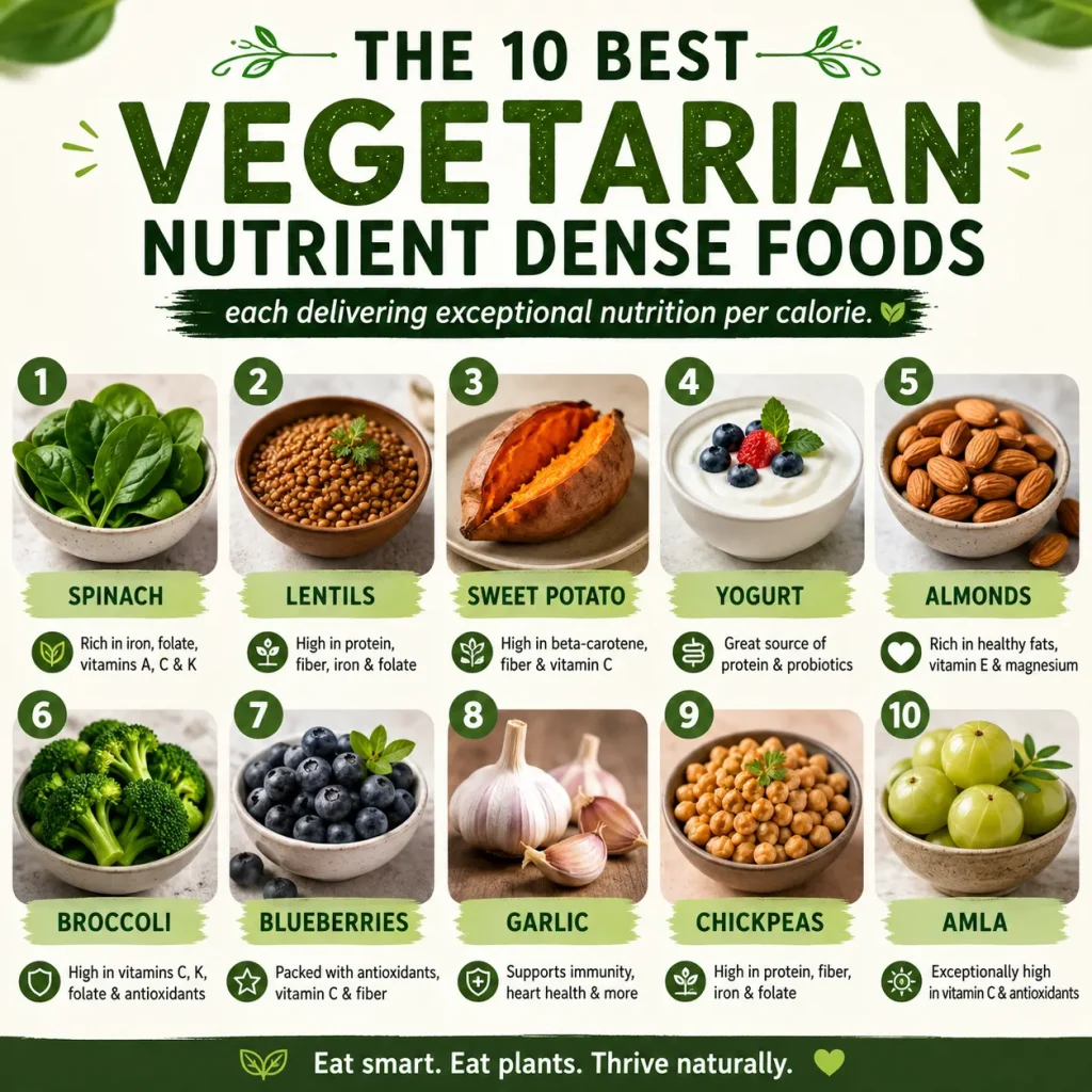 Nutrient-dense vegetarian foods infographic featuring spinach, lentils, sweet potato, yogurt, almonds, broccoli, blueberries, garlic, chickpeas, and amla in a clean green wellness-themed layout with health benefits for each food.