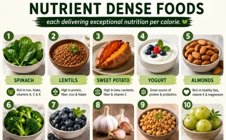 Nutrient-dense vegetarian foods infographic featuring spinach, lentils, sweet potato, yogurt, almonds, broccoli, blueberries, garlic, chickpeas, and amla in a clean green wellness-themed layout with health benefits for each food.